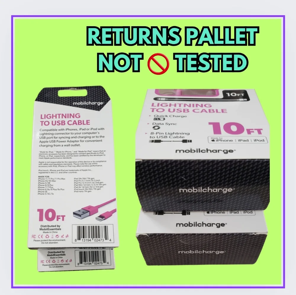 🥳1-APPLE-LIGHTNING USB QUICK CHARGER/PINK 10ft. PALLET RETURN NOT 🚫 TESTED